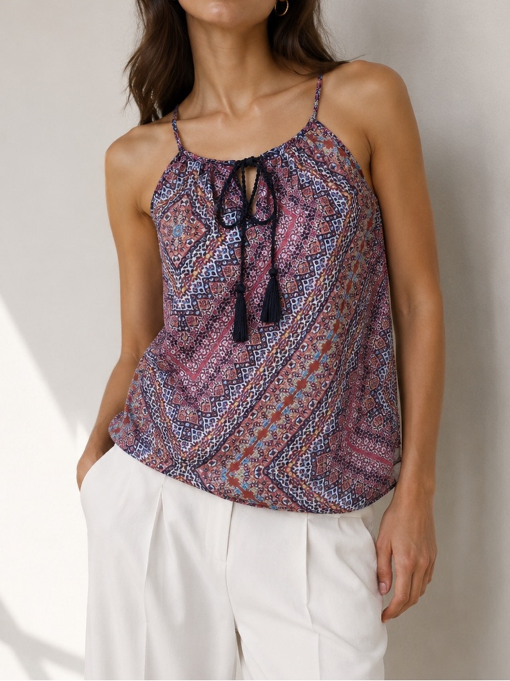 Vibrant Print Halter tassel Tie keyhole front top